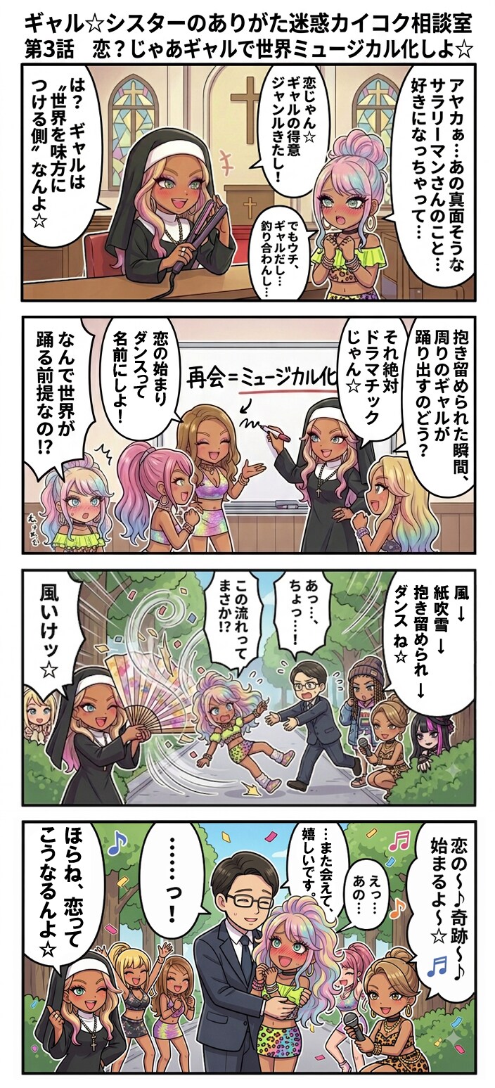 ギャル☆シスターのありがた迷惑カイコク相談室  第3話　恋？じゃあギャルで世界ミュージカル化しよ☆（四コマ漫画【たた８】２３の３）