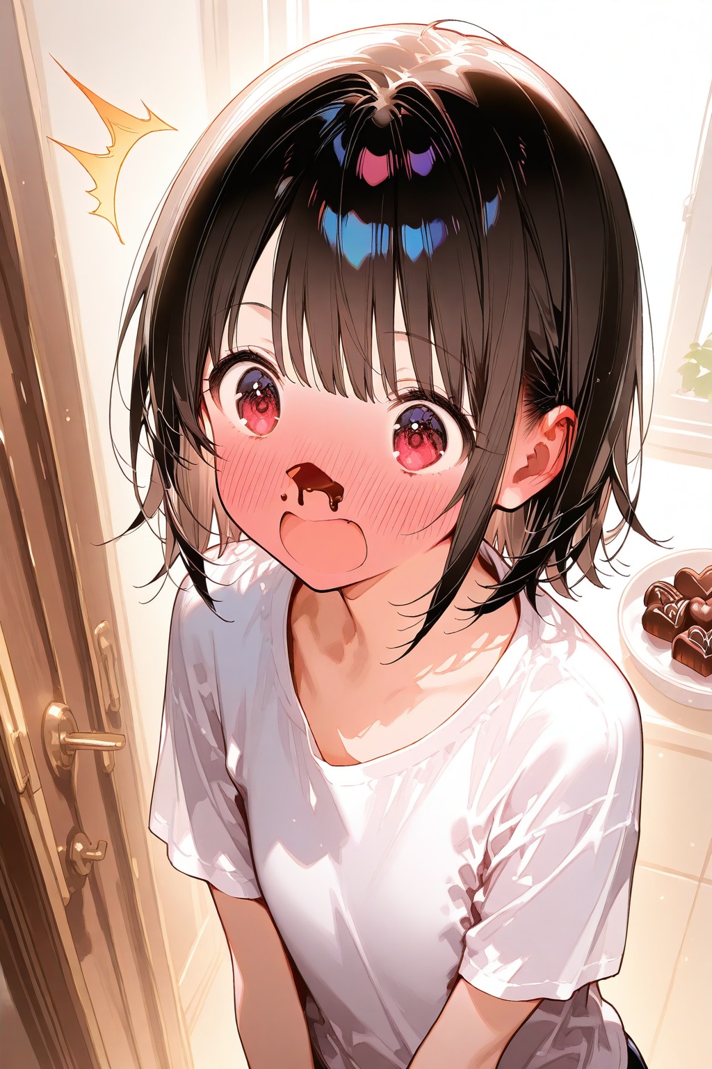 チョコを付けた赤面女子