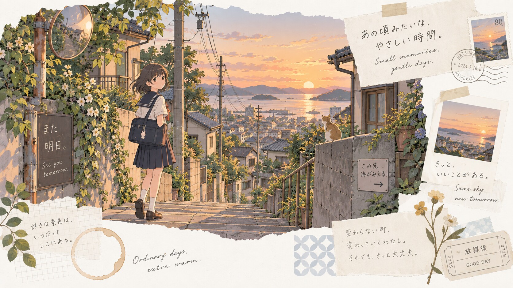 See you tomorrow.  Small memories, gentle days, just like back then. The town stays the same. I'm th | の人気AIイラスト・グラビア