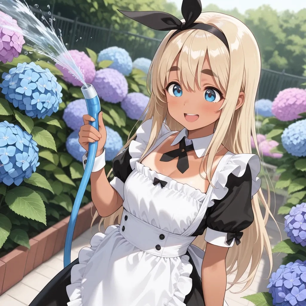 紫陽花と日焼けメイドちゃん