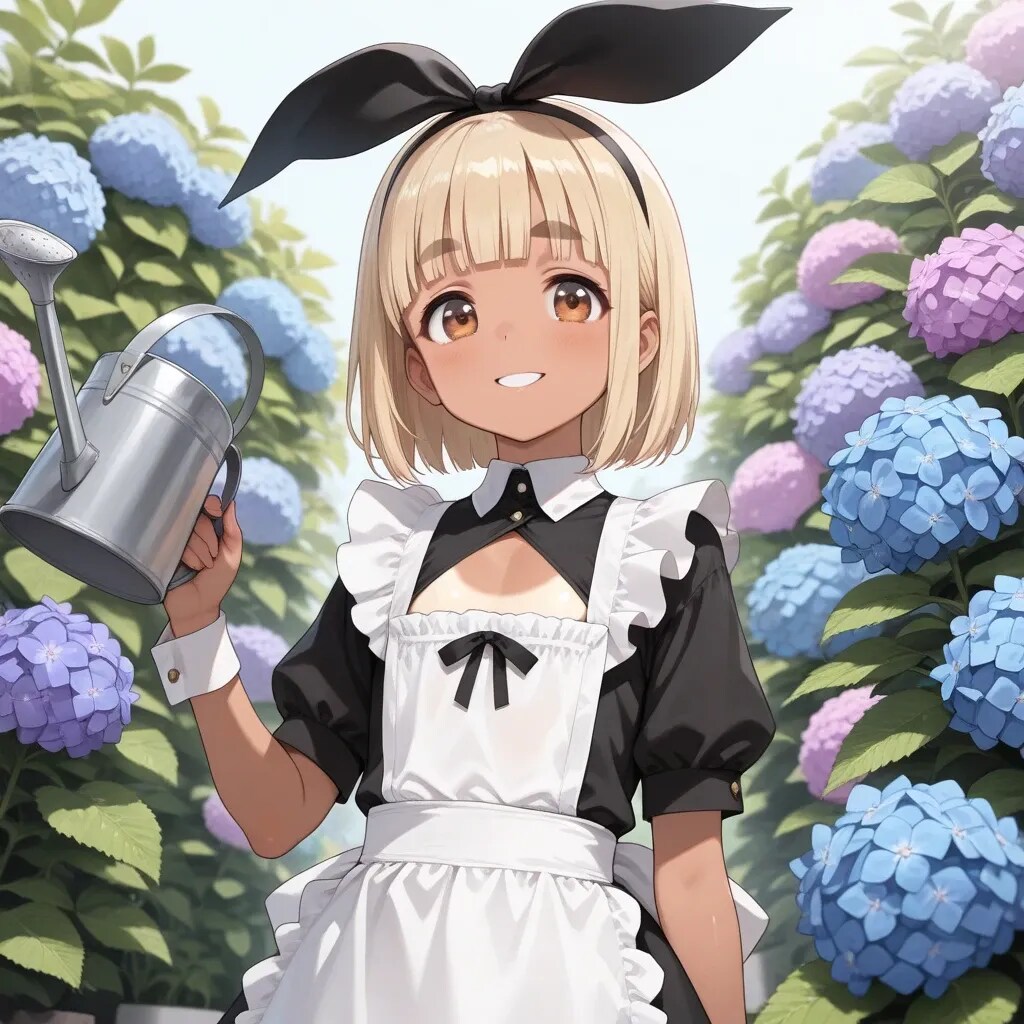 紫陽花と日焼けメイドちゃん