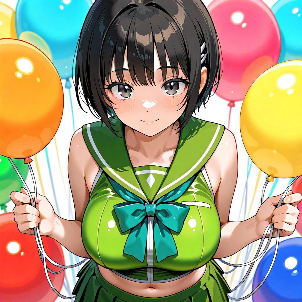 いっぱい色とりどりの風船を持つ黒髪ショートカットの緑色のセーラー服着た美少女