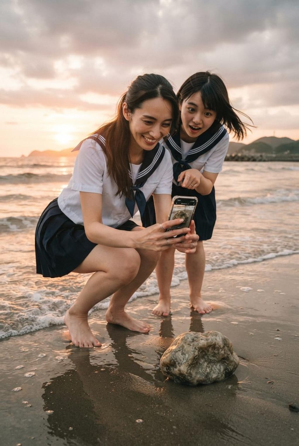 夕日に染まる砂浜に