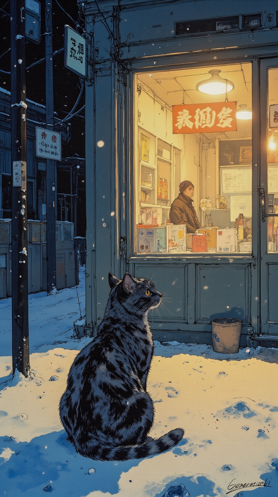 雪の商店街に佇む一匹の猫／スマホ壁紙アーカイブ | の人気AIイラスト・グラビア