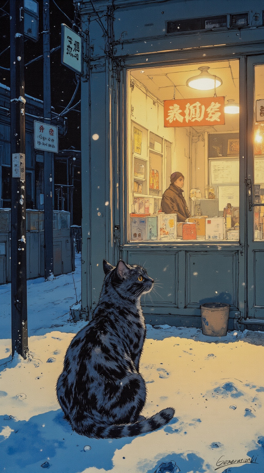 雪の商店街に佇む一匹の猫／スマホ壁紙アーカイブ