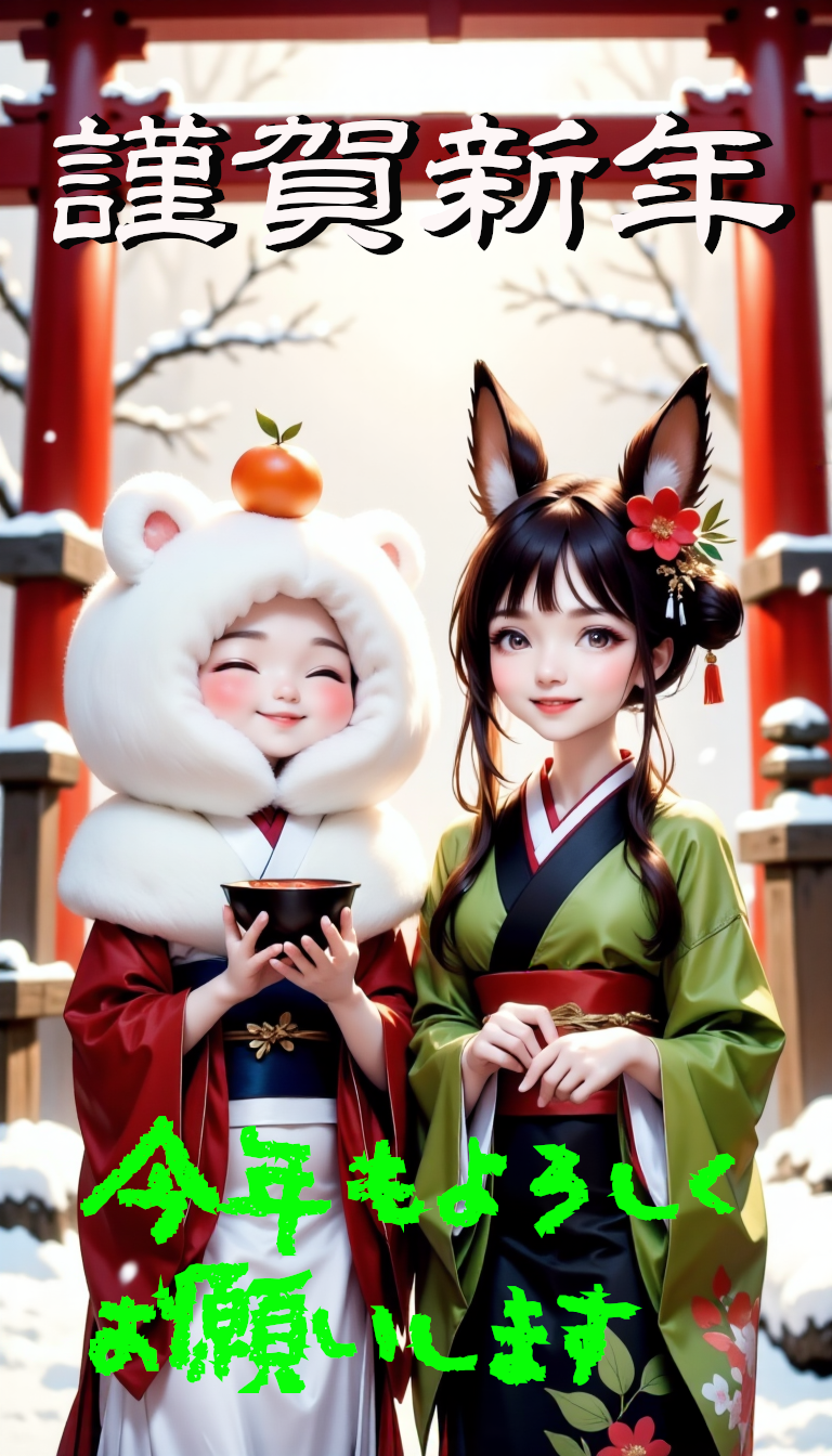 新年のご挨拶：鏡　モチ代と門　松子から新年のご挨拶です | の人気AIイラスト・グラビア