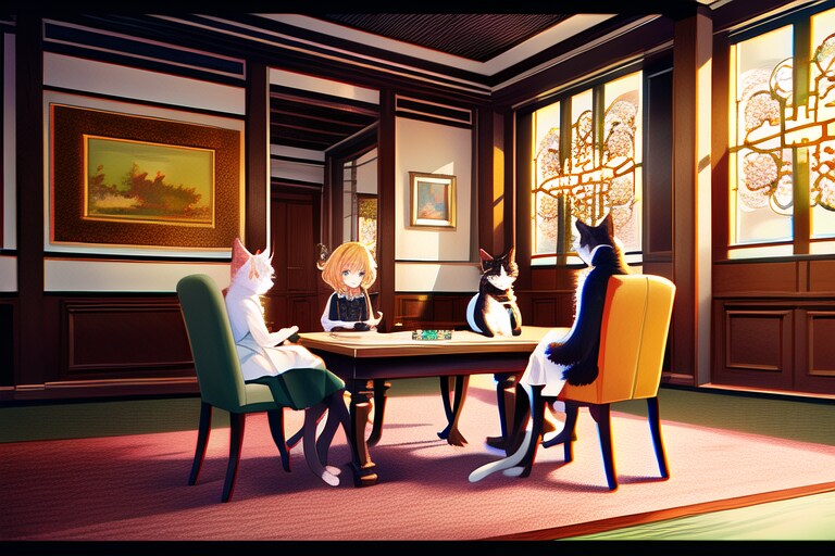 4匹の猫が椅子に座ってマージャンをしている(翻訳したらこうなった・NovelAI)