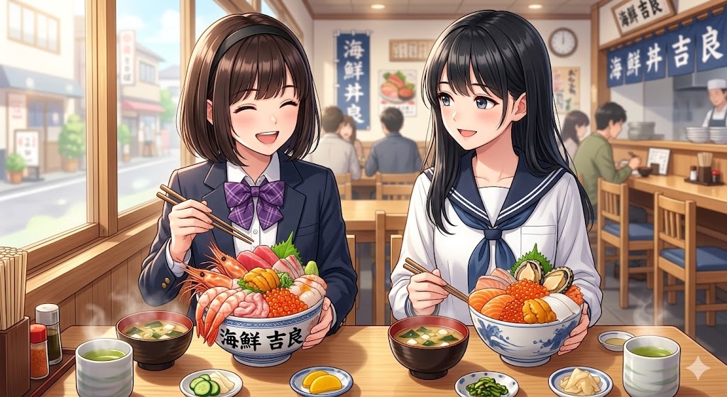 海鮮丼を食べる愛央ちゃんと黒髪ちゃん🩷