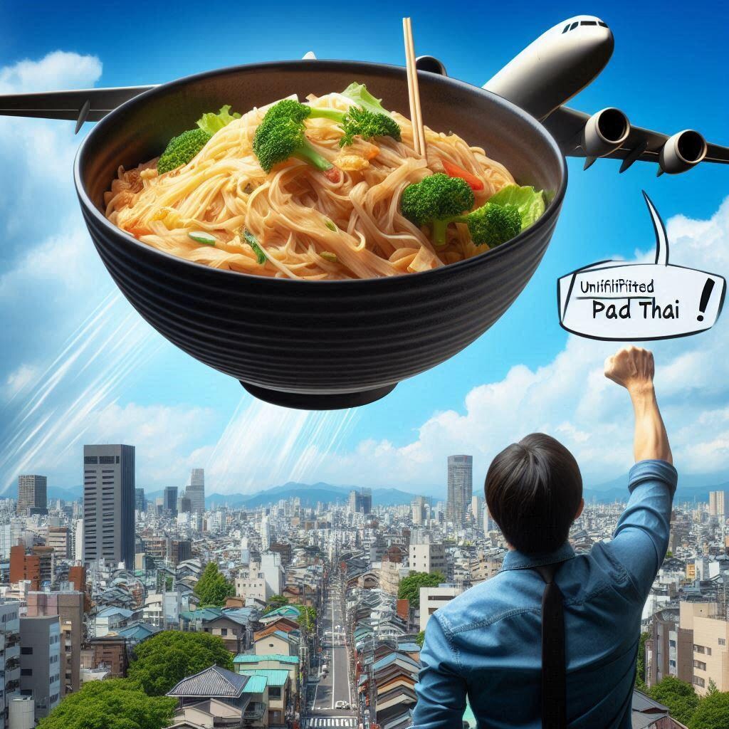 ライスヌードルのタイ風炒めが上空に？！