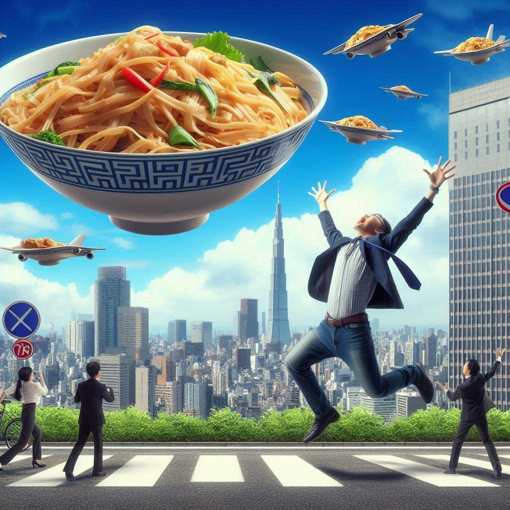 ライスヌードルのタイ風炒めが上空に？！