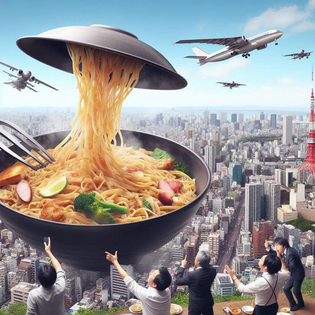 ライスヌードルのタイ風炒めが上空に？！