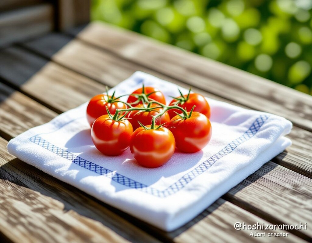 収穫されたトマトと手拭い - Harvested tomatoes and a hand towel