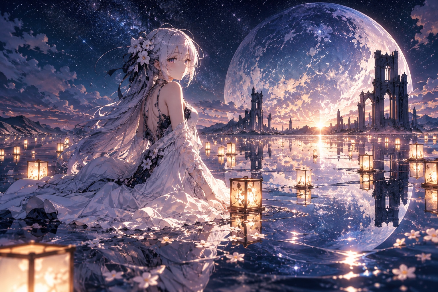 月夜の水鏡と白銀の少女 | の人気AIイラスト・グラビア