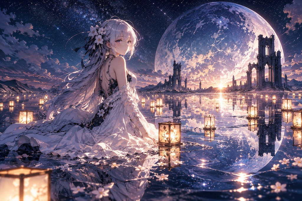月夜の水鏡と白銀の少女