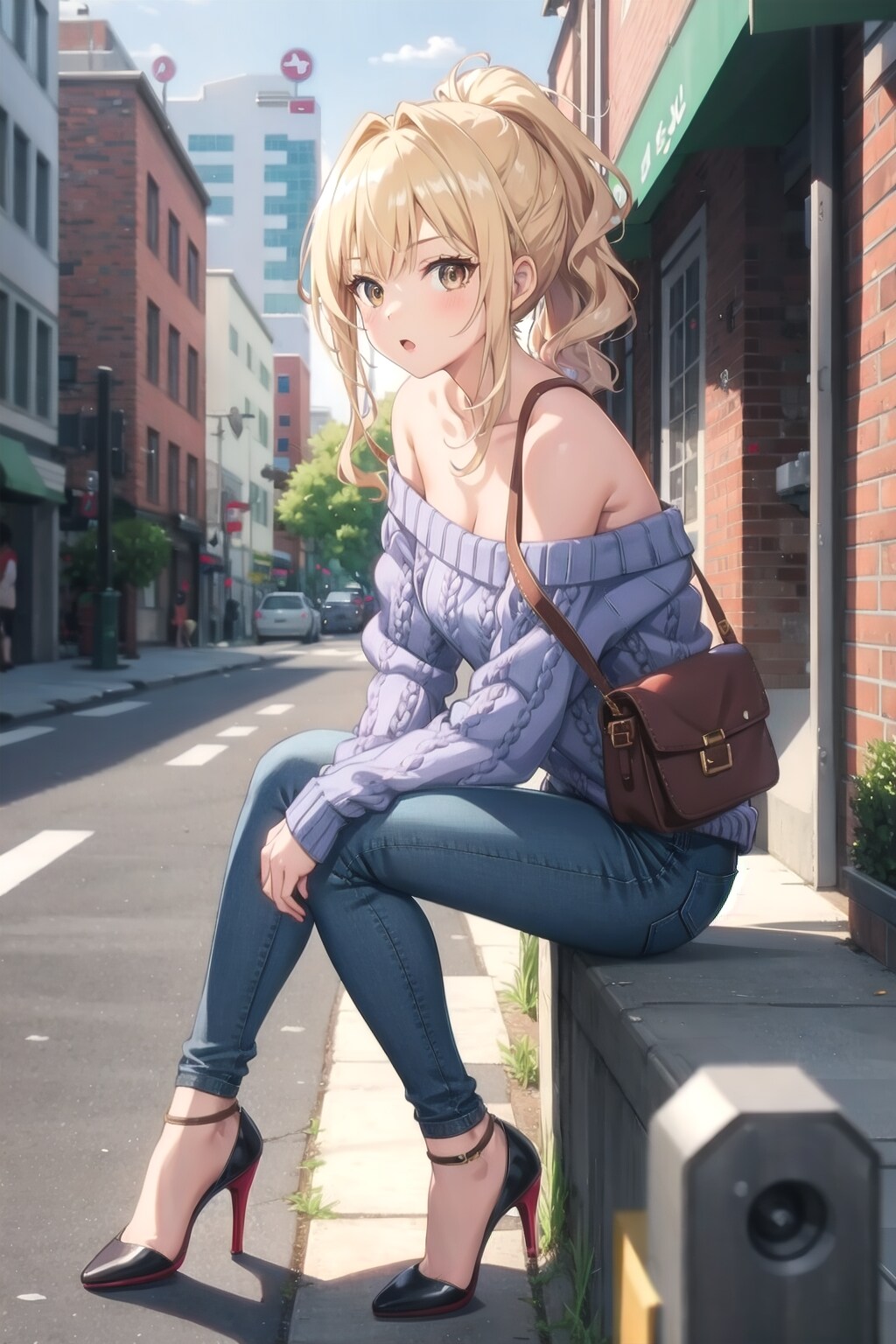 オフショルダーニットとスキニーデニム、ハイヒールなうちのお嬢さま