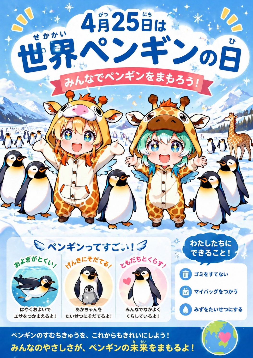世界ペンギンの日をアピールするキリン着ぐるみちび子ちゃん