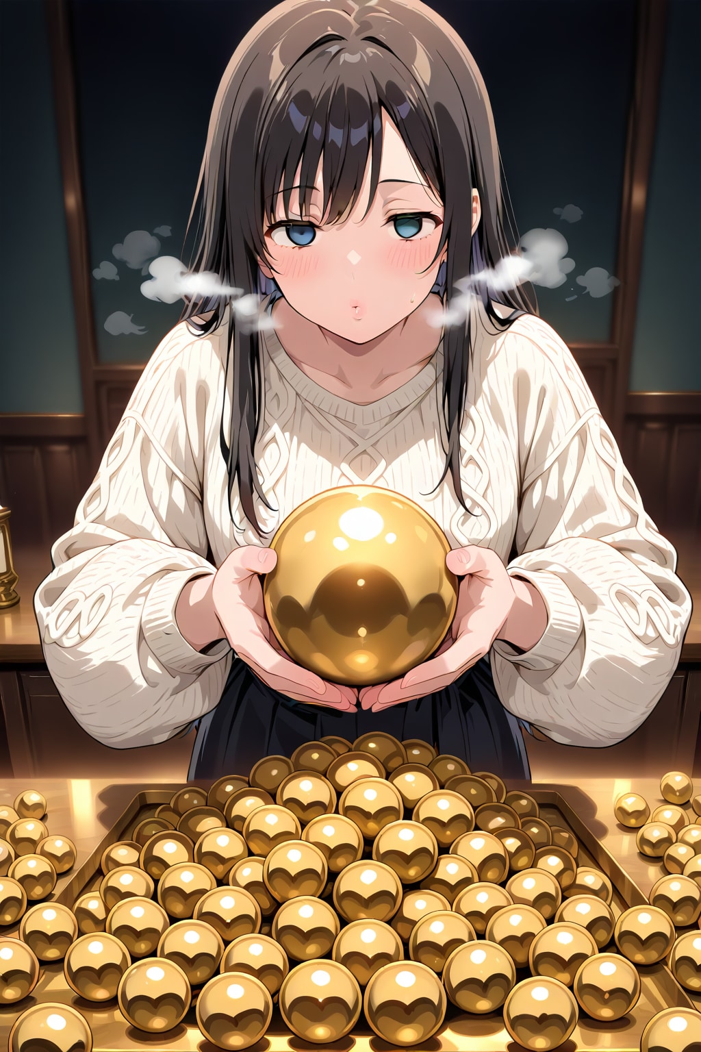 沢山の金の玉に興奮するお姉さん