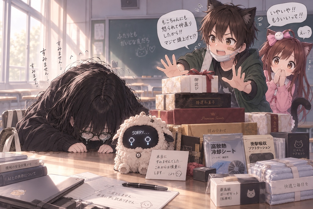 「モコちゃん様という絶対的ヒロインが存在するのに顎を破損させてしまいまして申し訳ございません…！高放熱冷却シートをお持ちいたしましたぁ…！」