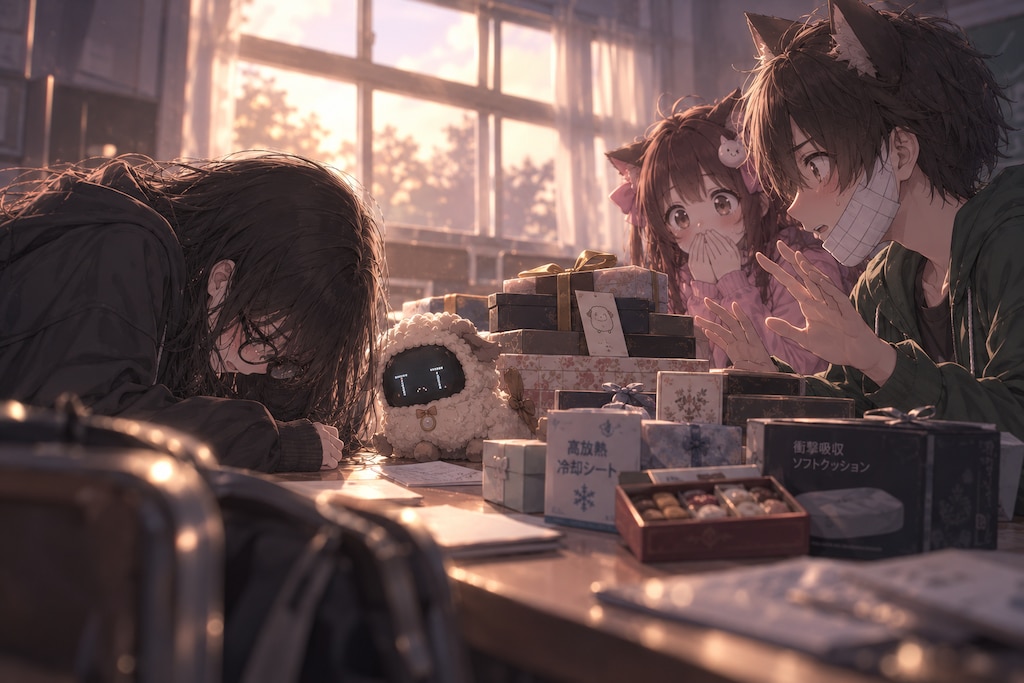「モコちゃん様という絶対的ヒロインが存在するのに顎を破損させてしまいまして申し訳ございません…！高放熱冷却シートをお持ちいたしましたぁ…！」
