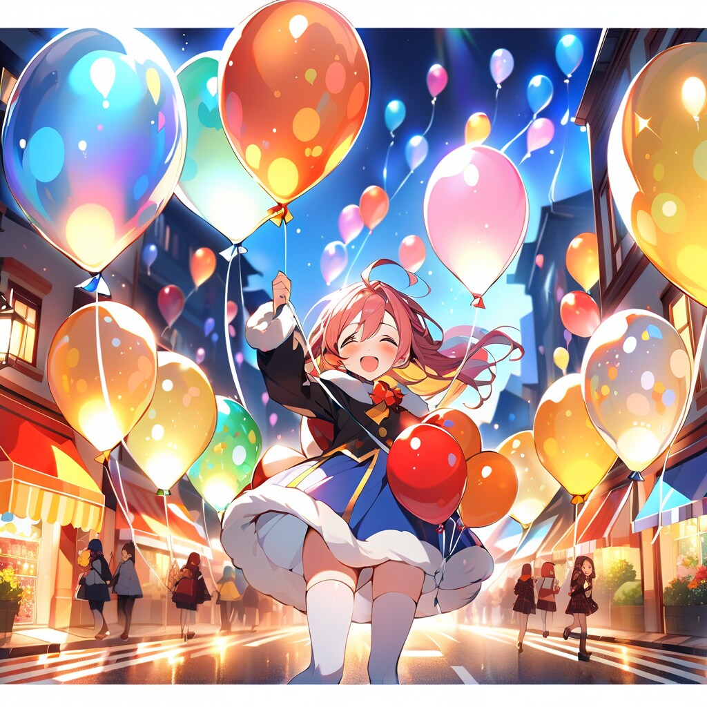 色とりどりの風船を膨らませるサンタコスの美少女 | の人気AIイラスト・グラビア