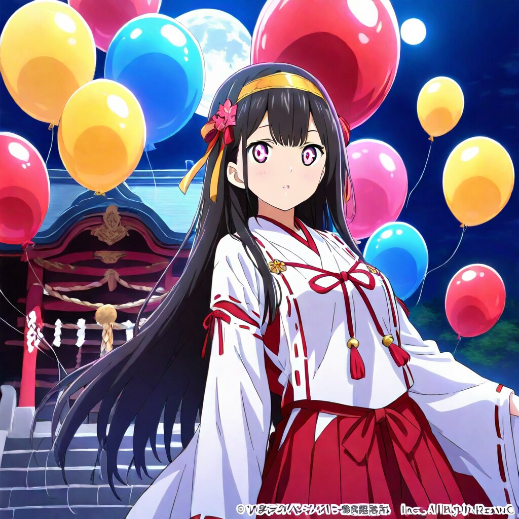 月が見える広い神社で色とりどりの風船を持つ黒髪ロングの巫女服の美女。