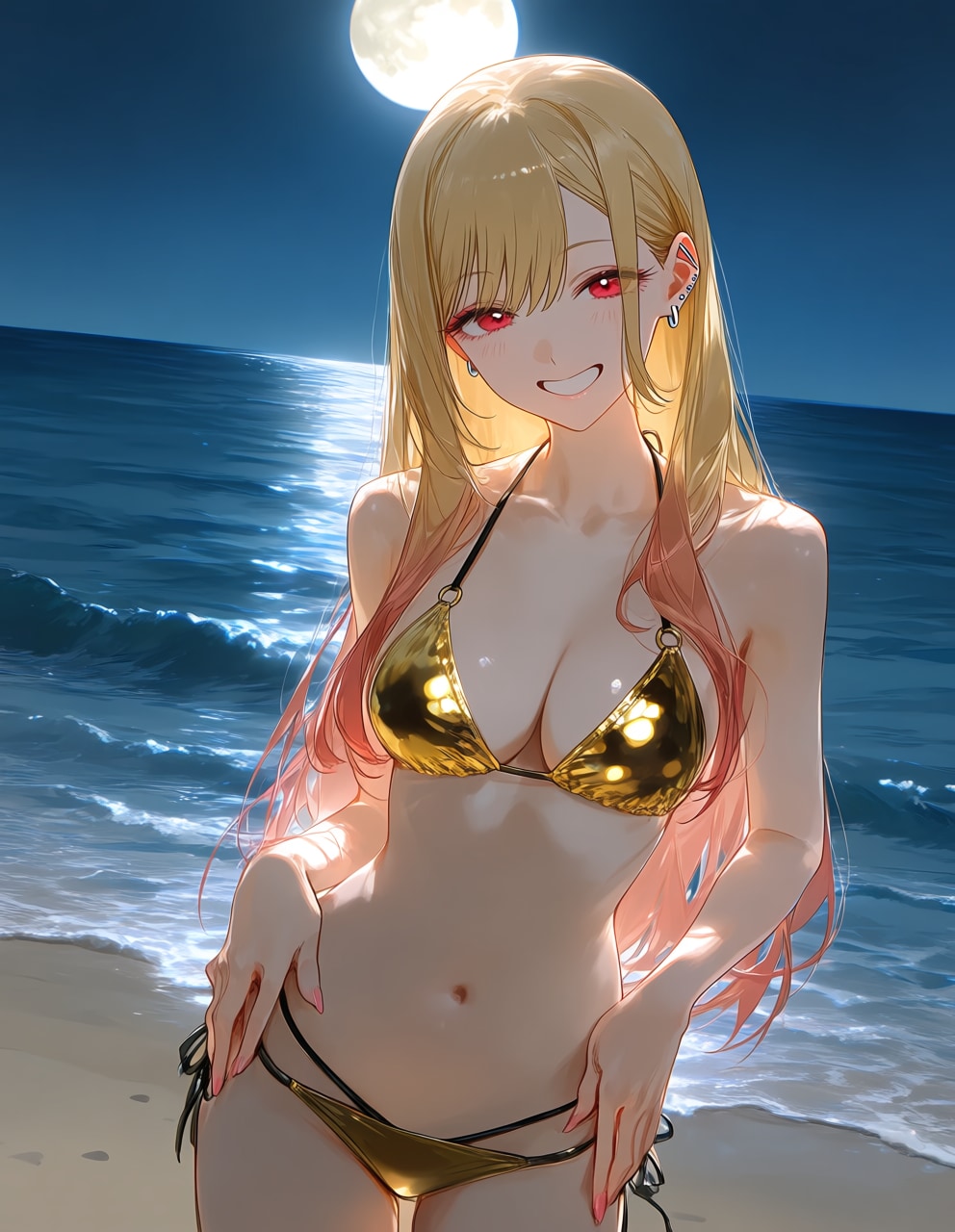 金色ビキニの海夢さんと夜の海(PixAI版リメイク)