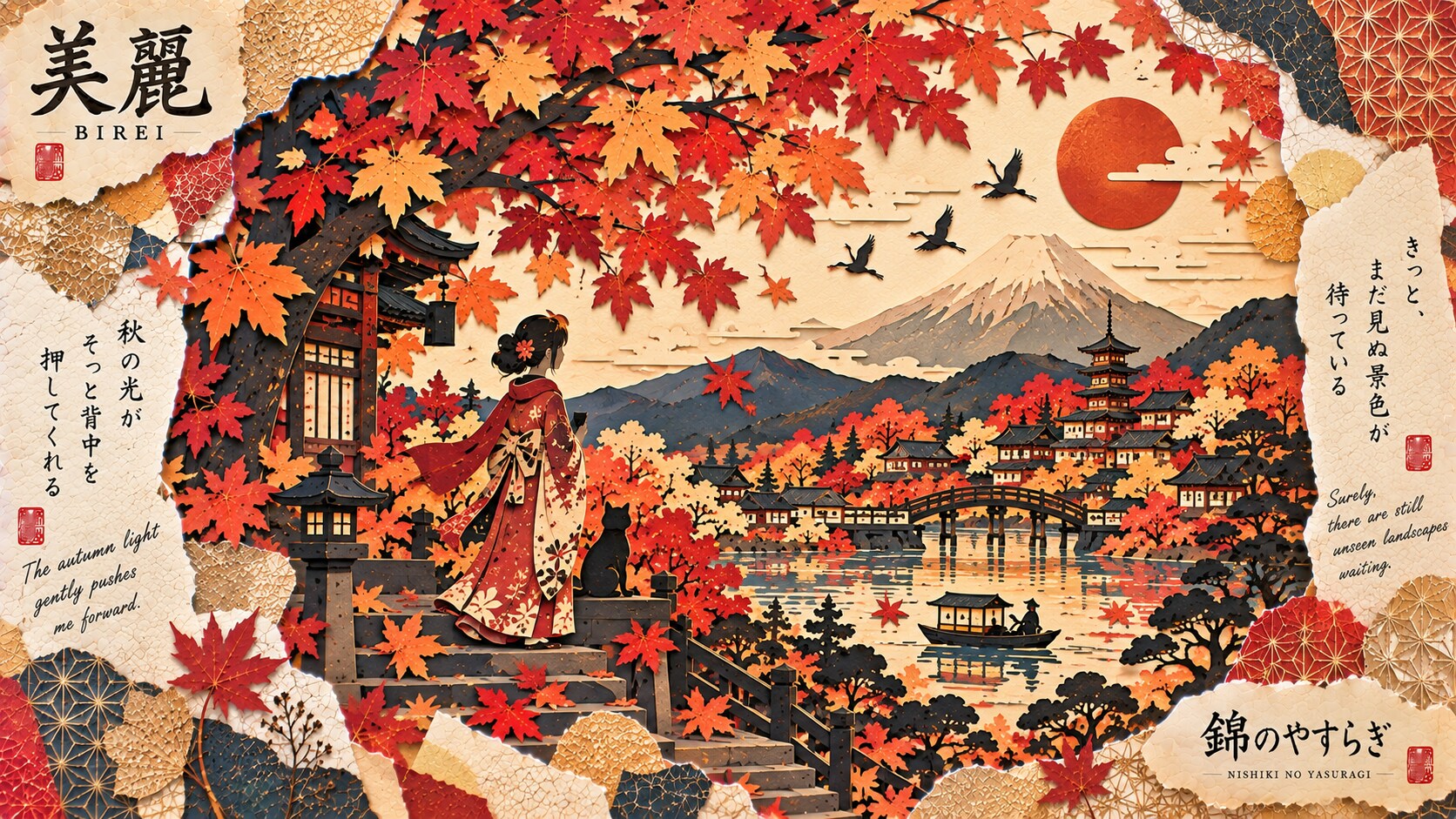 Nishiki no Yasuragi — Autumn’s Gentle Rest  The autumn light gently pushes me forward.  Beneath a ca | の人気AIイラスト・グラビア