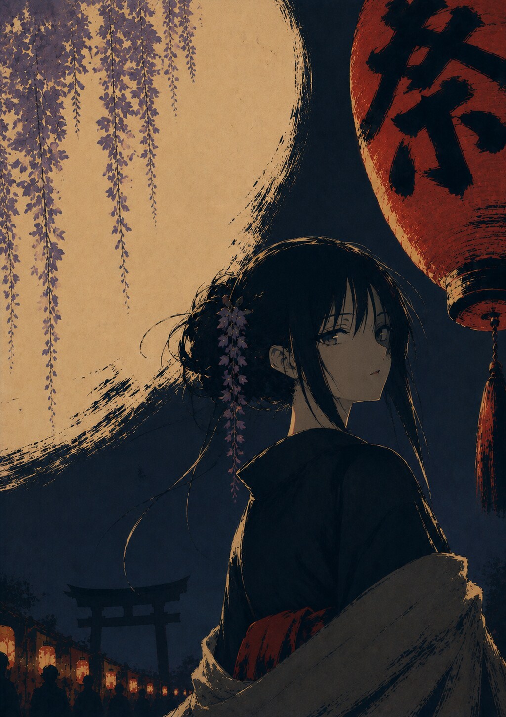 振り返る女と月