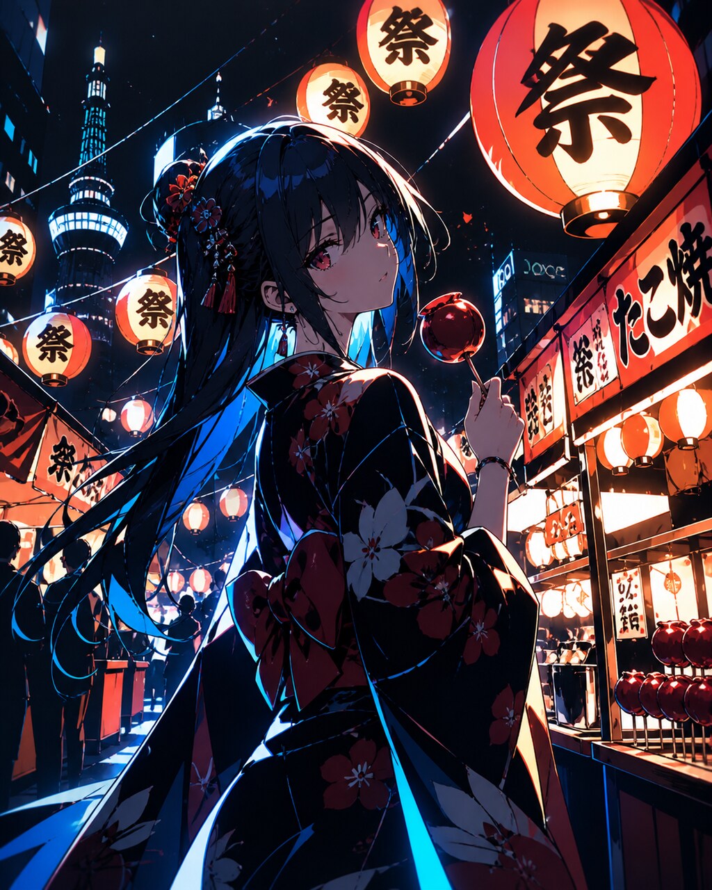 振り返る女と月