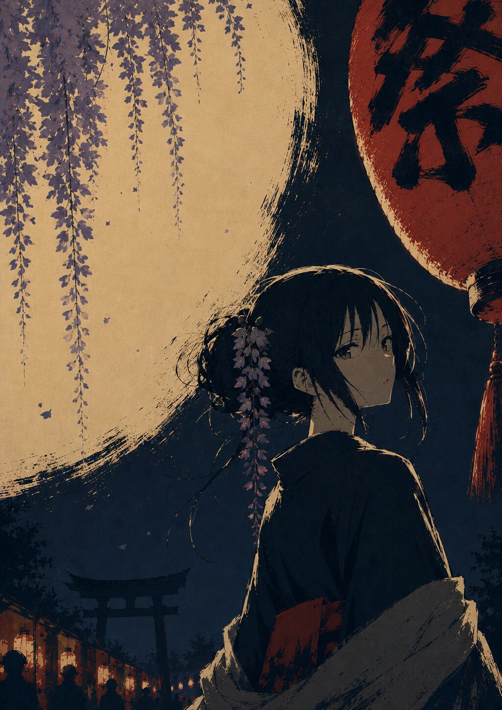 振り返る女と月