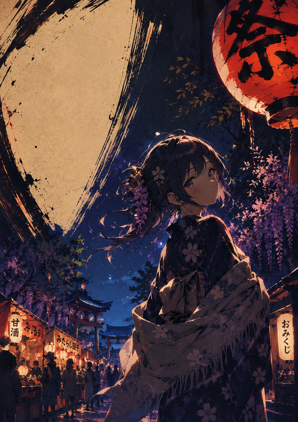 振り返る女と月