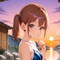 海が見える露天風呂に入るスク水サイドポニー女子 3枚目