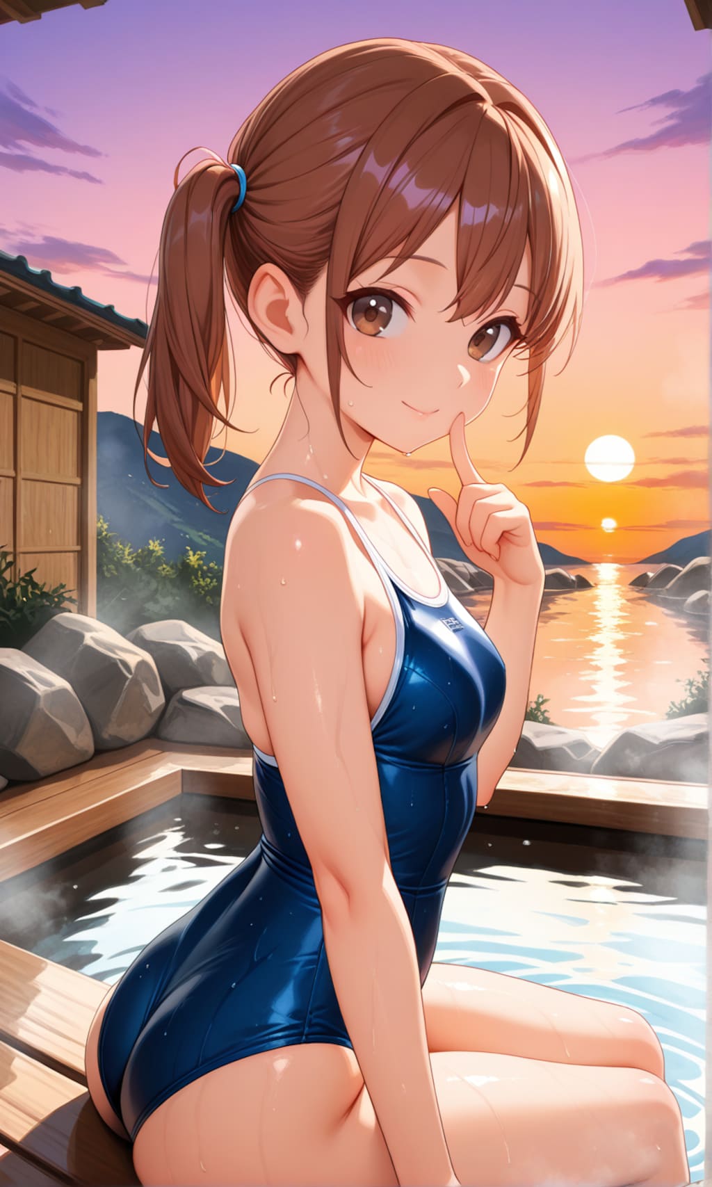 海が見える露天風呂に入るスク水サイドポニー女子