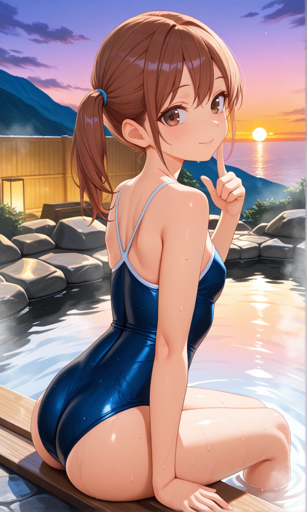 海が見える露天風呂に入るスク水サイドポニー女子