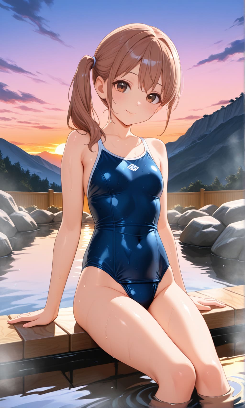 海が見える露天風呂に入るスク水サイドポニー女子