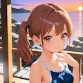 海が見える露天風呂に入るスク水サイドポニー女子 2枚目