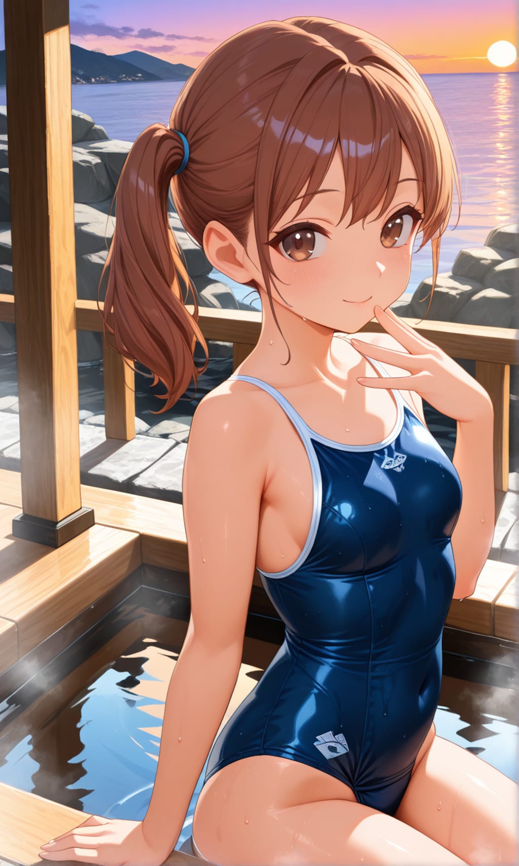 海が見える露天風呂に入るスク水サイドポニー女子