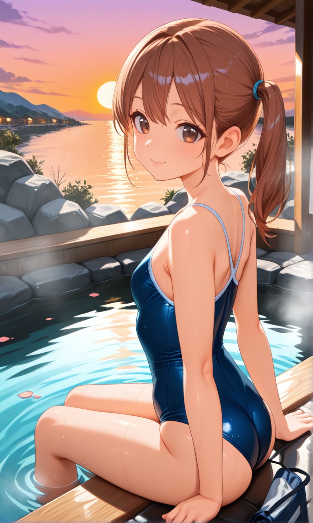海が見える露天風呂に入るスク水サイドポニー女子