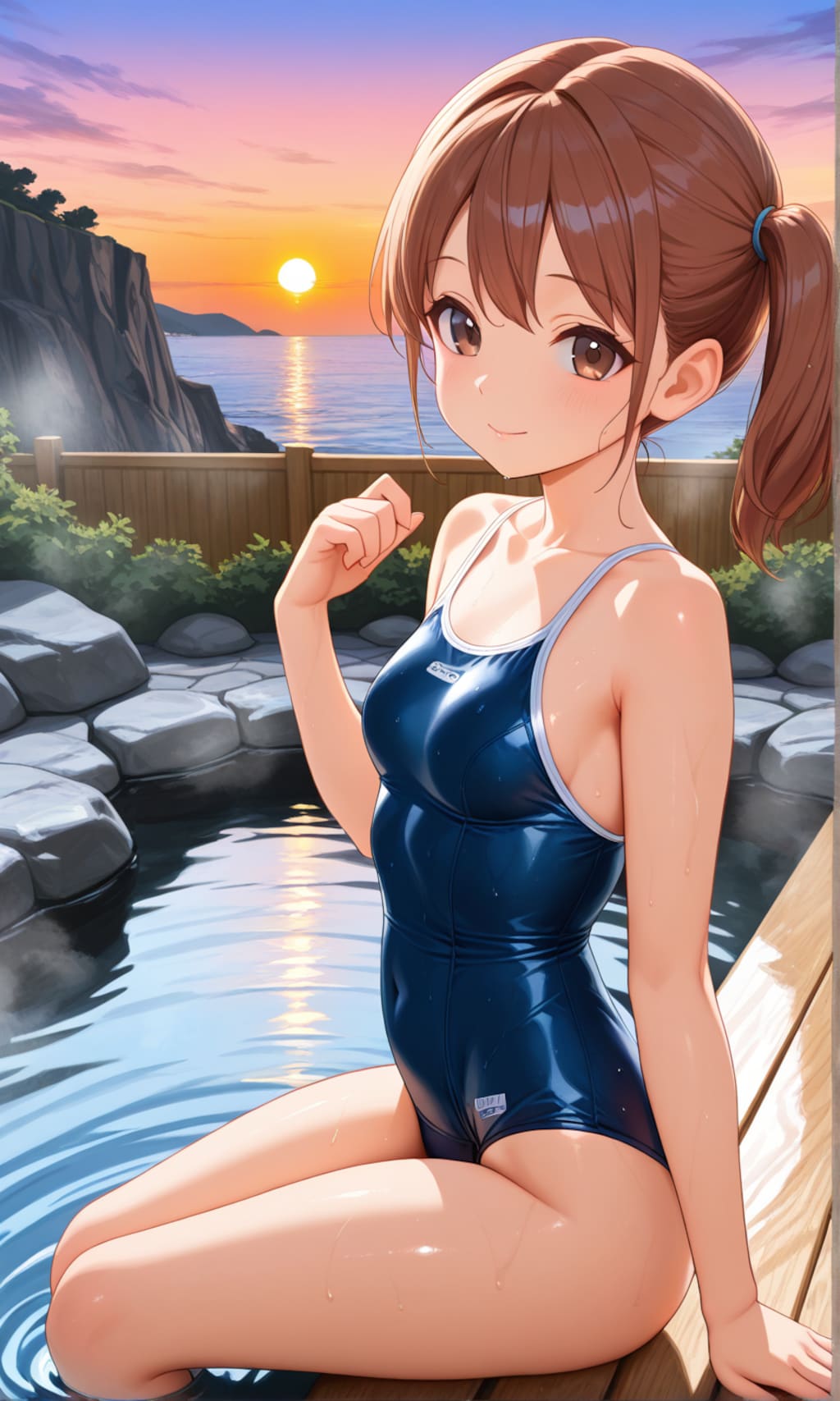海が見える露天風呂に入るスク水サイドポニー女子