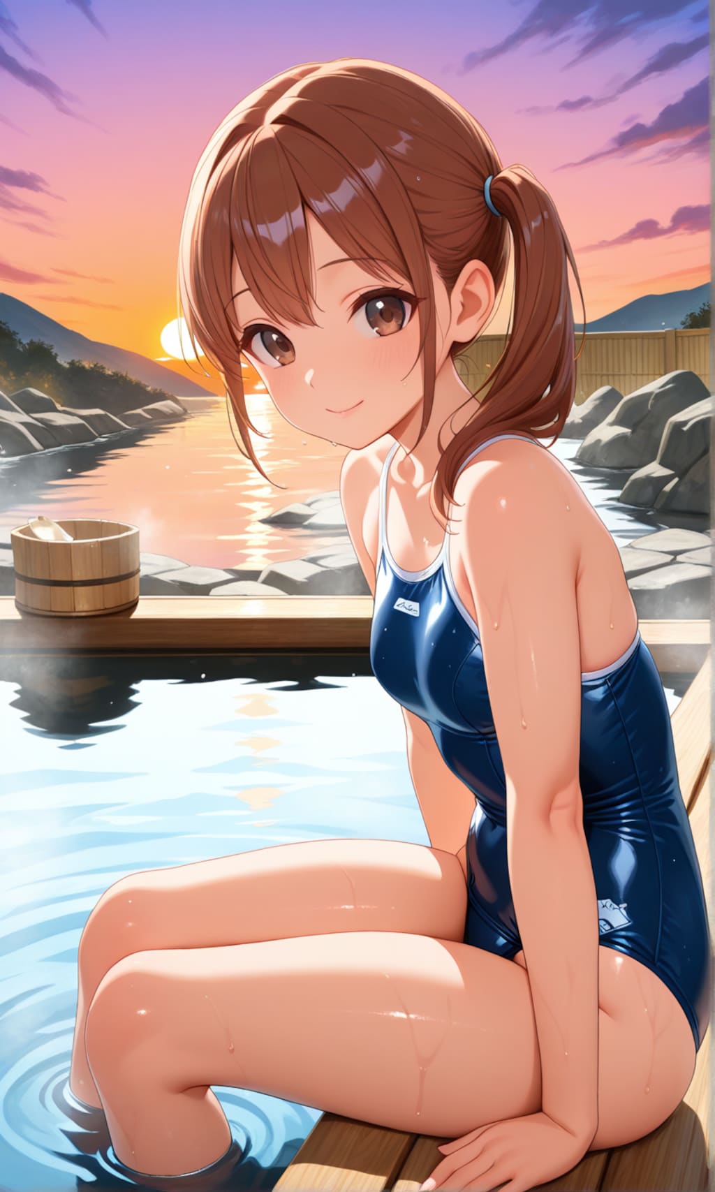 海が見える露天風呂に入るスク水サイドポニー女子