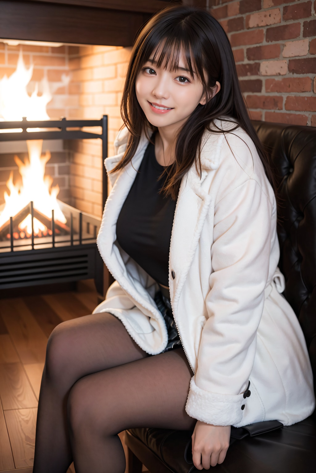 暖炉のある部屋の女性