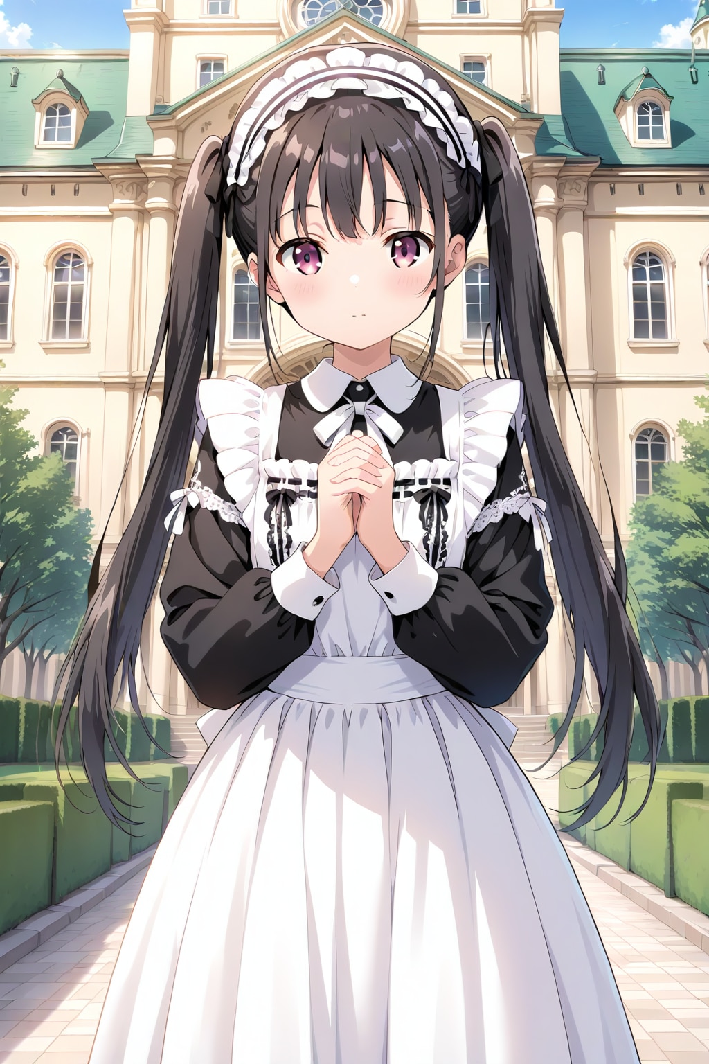 20251203クラシックなロングメイド服を着た黒髪の女性