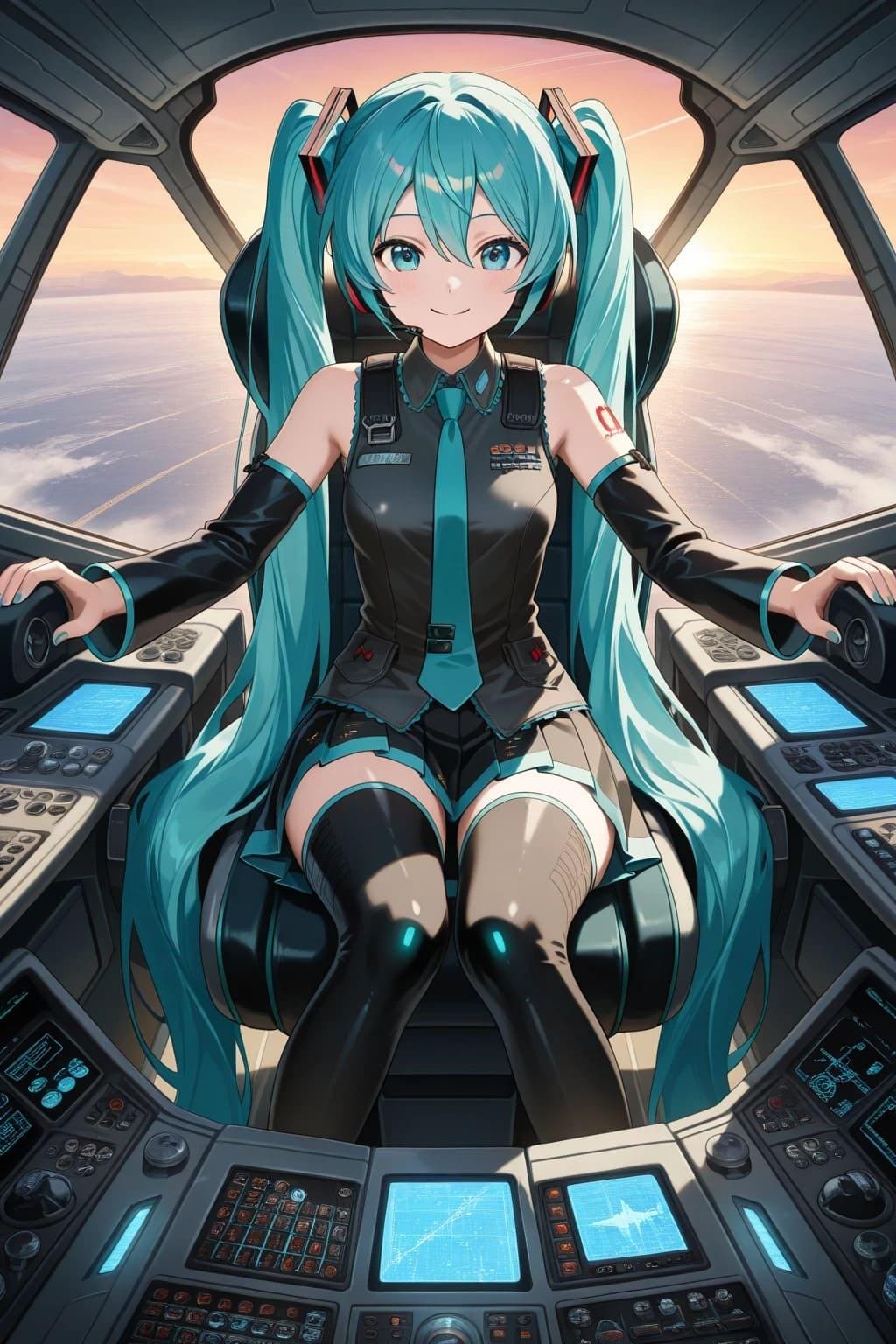 戦闘機の操縦席に座る初音ミク