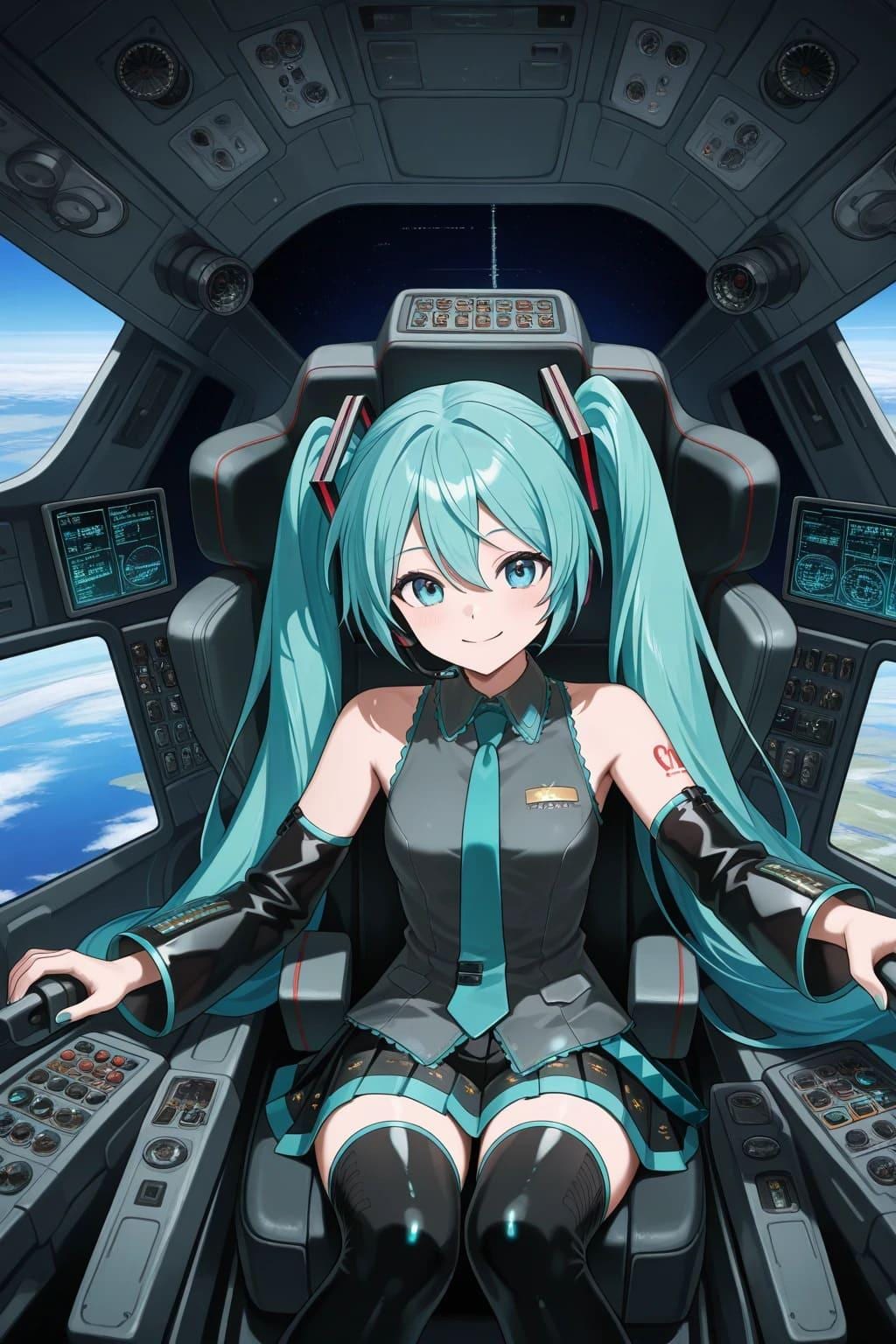 戦闘機の操縦席に座る初音ミク