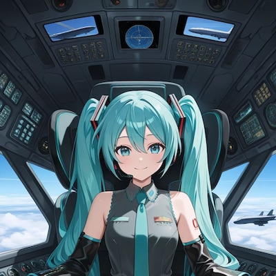 戦闘機の操縦席に座る初音ミク