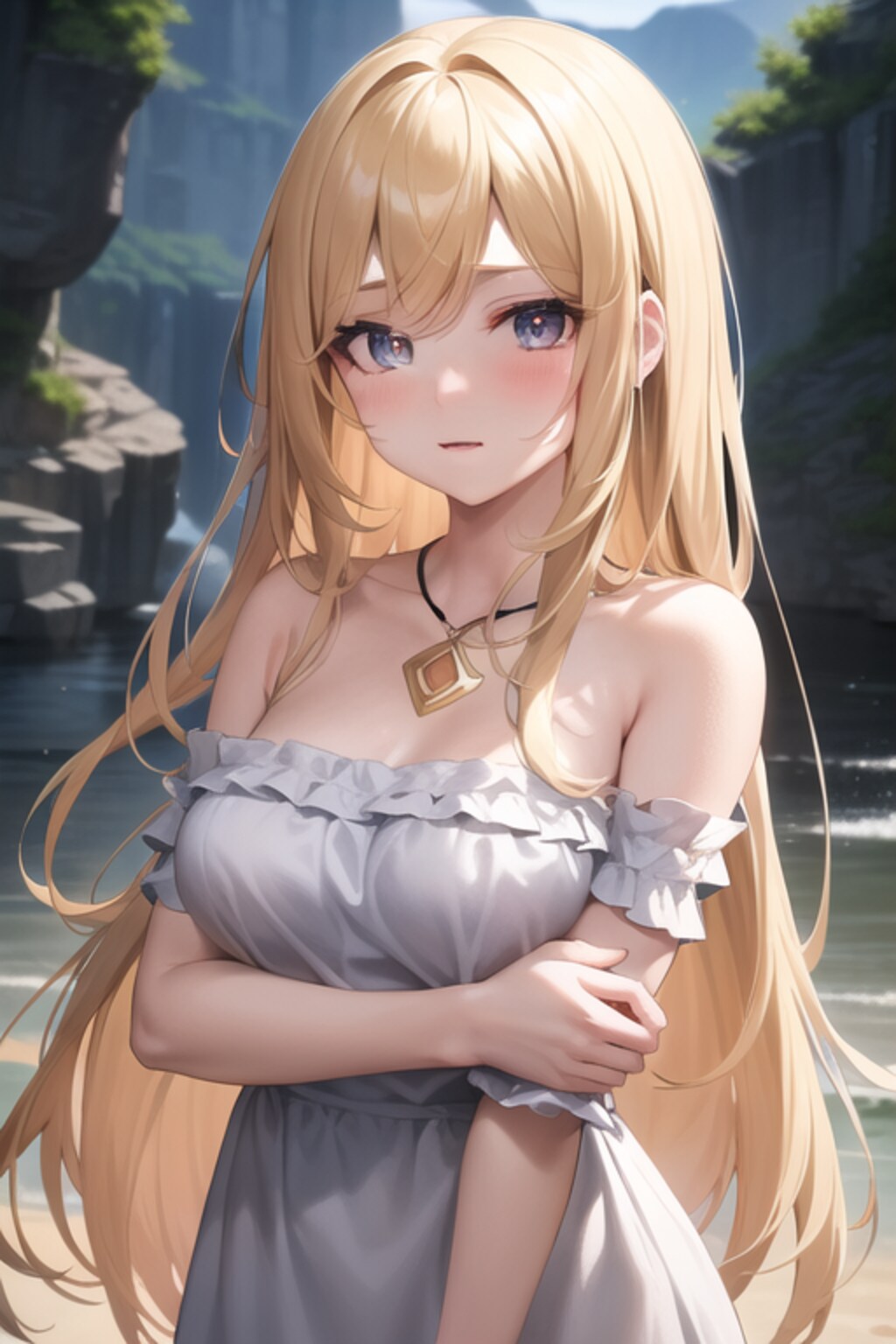 渓谷を散策する金色の髪の少女