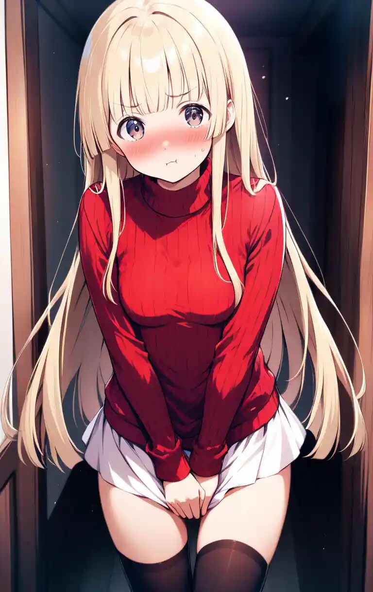 #これが好き『（金髪＋赤いニットセーター）×（白いスカート＋黒ニーソ）÷羞恥顔＝最高です(｀・ω・´)ゞ』