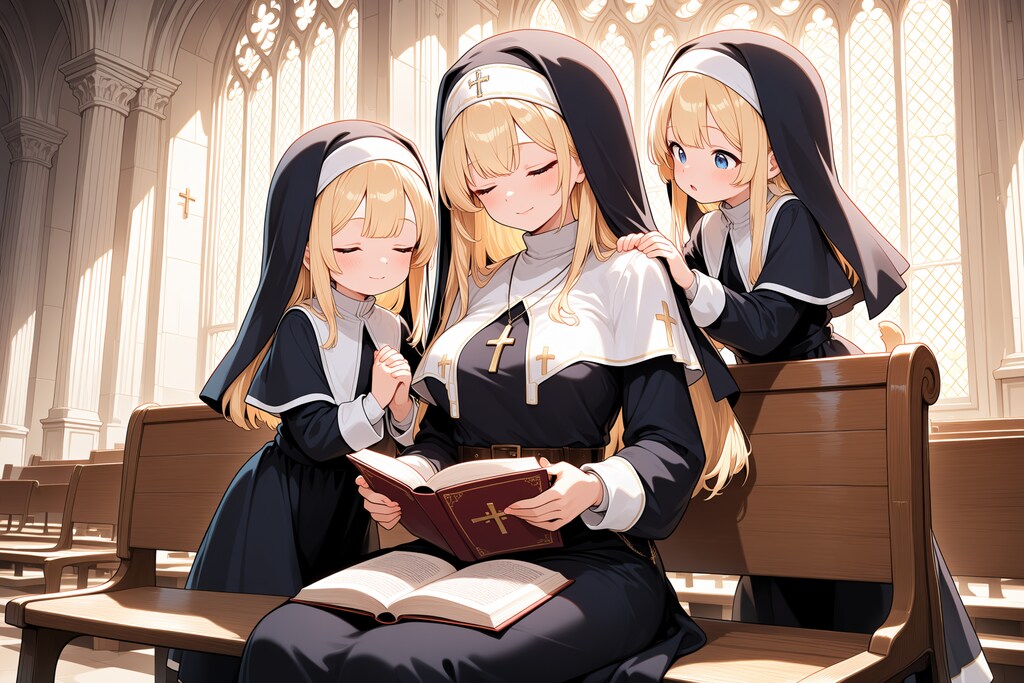 本とシスターとぬいぐるみ