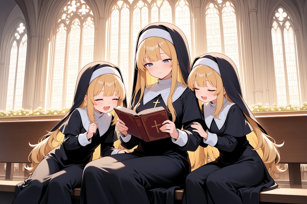 本とシスターとぬいぐるみ