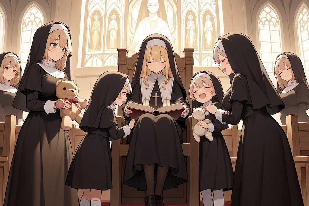 本とシスターとぬいぐるみ